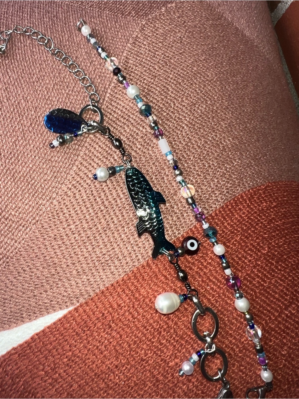 Handcrafted Iridescent Fish Charm Bracelet with matching Accent Bracelet